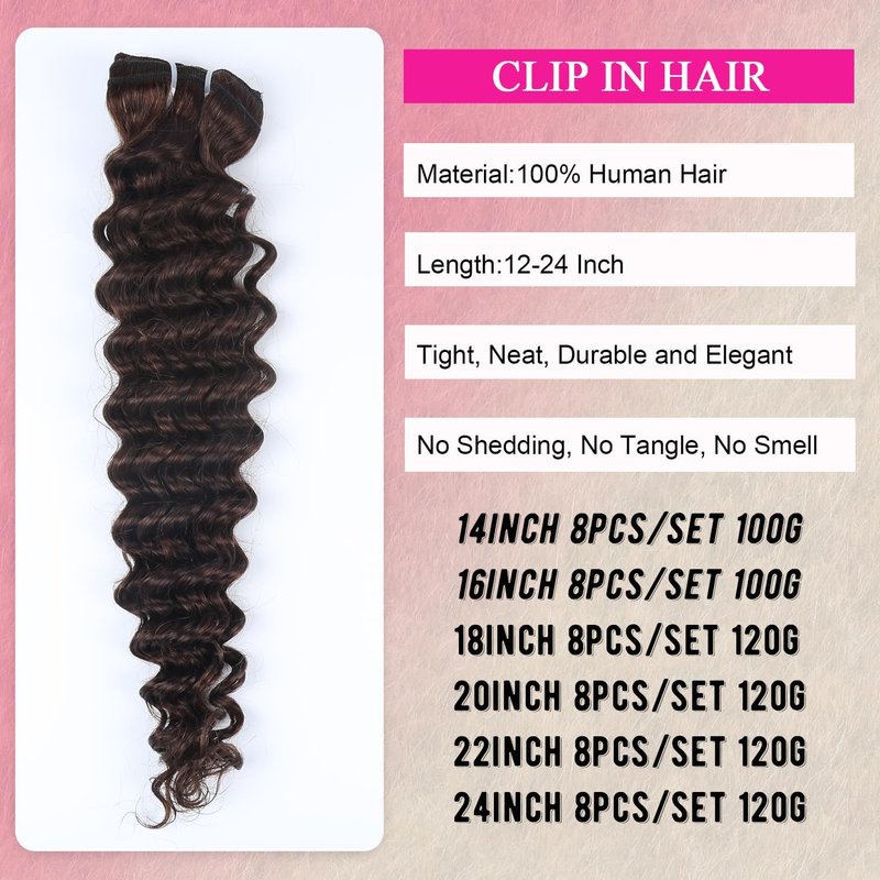 Clip in Hair Extensions Real Human Hair Deep Curly Dark Brown Clip in Extensions for Women Seamless Invisible Natural Remy 100% Human Clips ins Extension 8pcs Double Weft 18 inch 120g/4.2oz