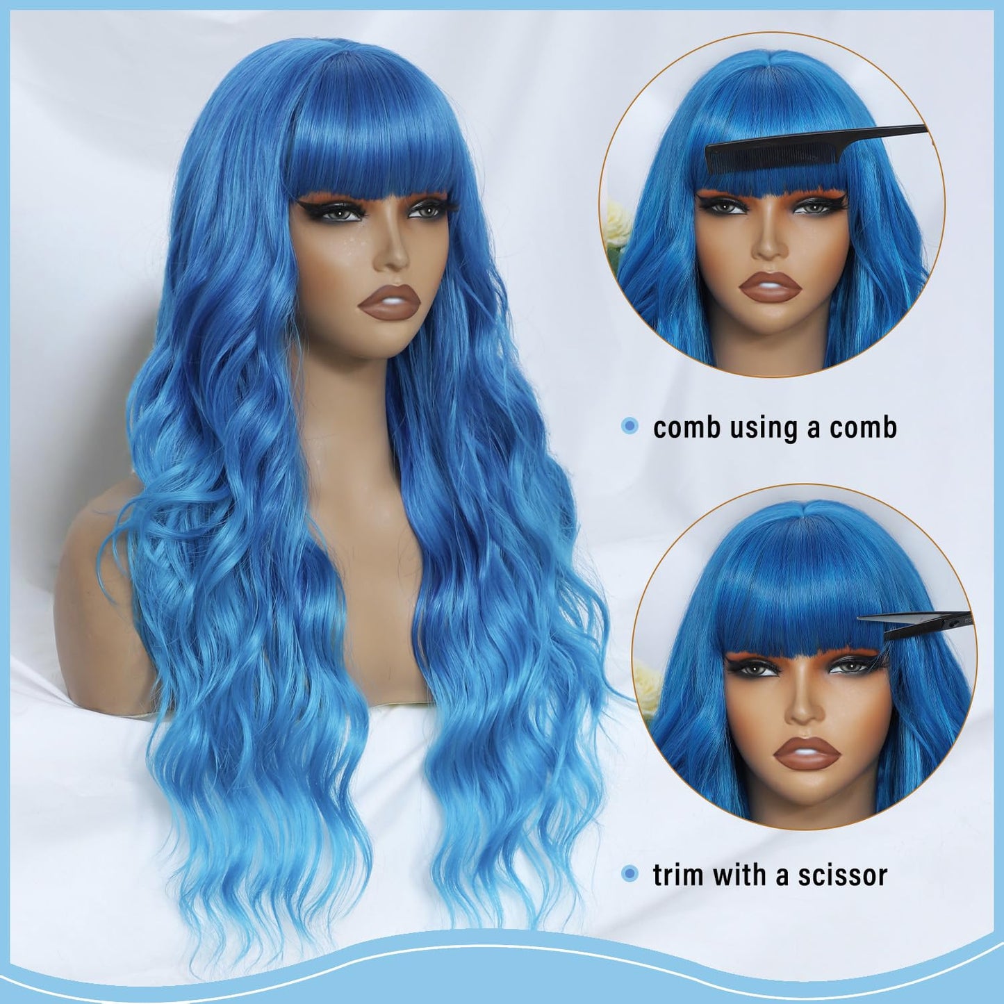 FEIVOSILAN Ombre Blue Wig with Bangs for Women, Long Wavy Blue Wig 26 Inch Wigs Heat Resistant Synthetic Colorful Wig