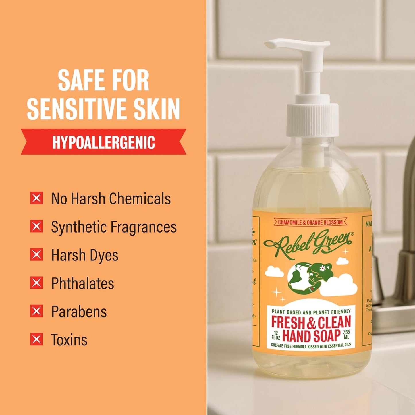 Fresh & Clean Hand Soap - Natural Liquid Soap with Orange & Chamomile | 12 Fl Oz, Pack of 2