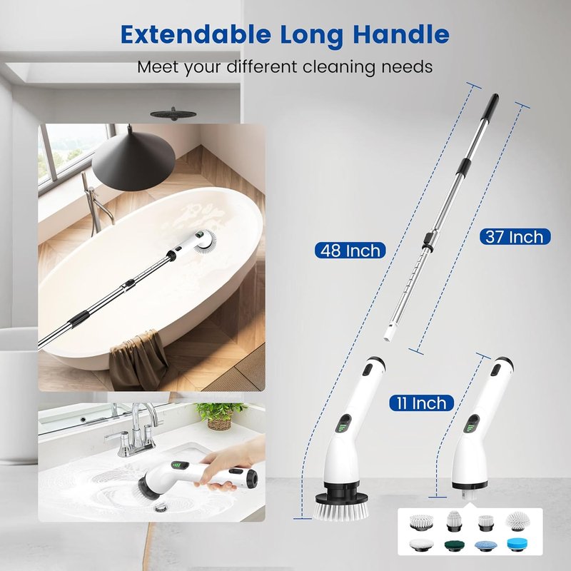 Electric Spin Scrubber - IPX7 Waterproof Cordless Shower Cleaner with 8 Heads & Extendable Handle | 2 Speeds, 2-Hour Runtime
