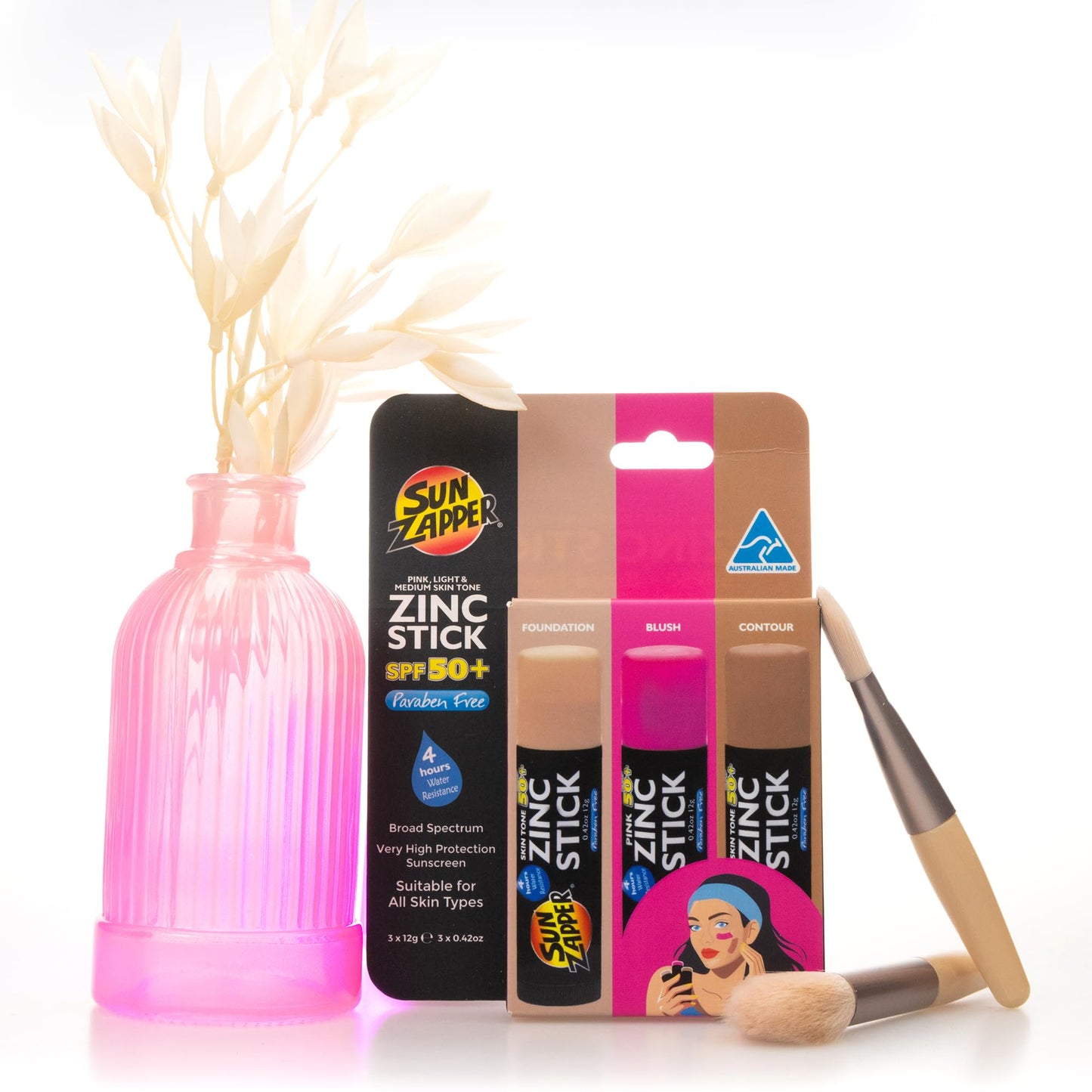 Sun Zapper Zinc Sunscreen Stick Beauty 3-Pack SPF 50+ (Light, Dark, Pink) – Tinted Mineral Sunscreen for Face, Makeup SPF Blush Stick, Water Resistant, Travel Size 12g (0.42 oz) each, Australian Made
