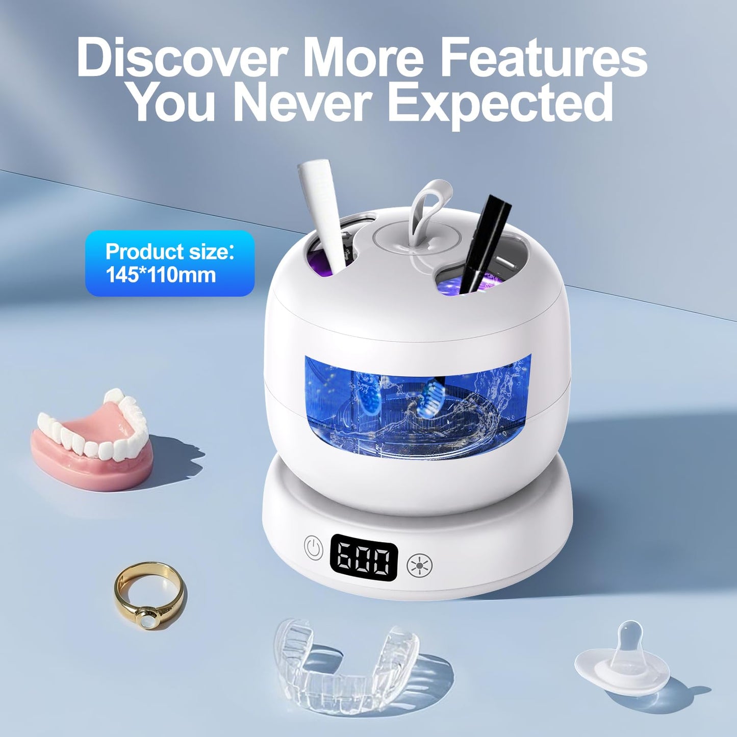 IPX7 Waterproof Ultrasonic Retainer Cleaner Machine, Split-Design Denture & Jewelry Cleaner with Dual UV-C, 3 Timer Modes for Invisalign, Aligners, Mouth Guards, Night Guards & Dentures (White)