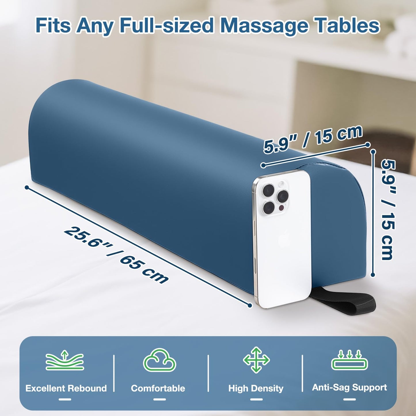 Noverlife 3/4 Round Massage Bolster, 26x6x6 inch Leg Bolster for Massage Table with Strap Handle PU Leather Bolster Pillow for Legs, Physical Therapy Bolsters Under Back Knee Ankles Pain Relief - Blue