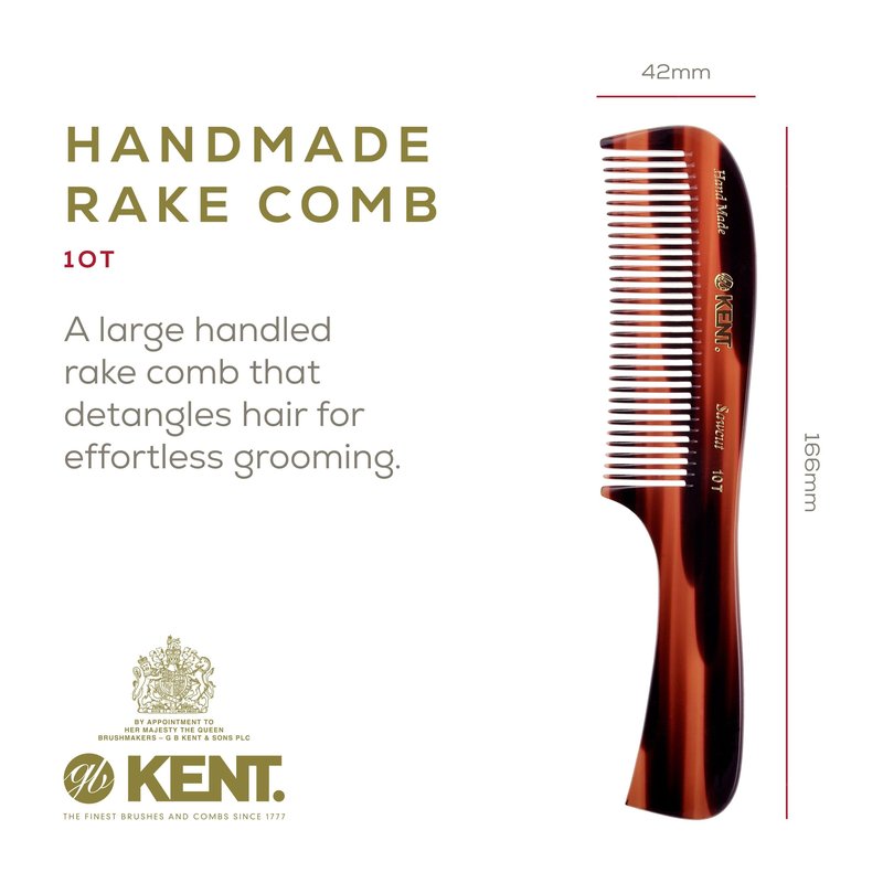 Kent 10T Tortoise Large Detangler Comb, Handmade Wide Tooth Comb for Curly and Thick Hair, Detangling Combs For Wet and Dry Hair, Saw-Cut and Hand Polished Handmade in England
