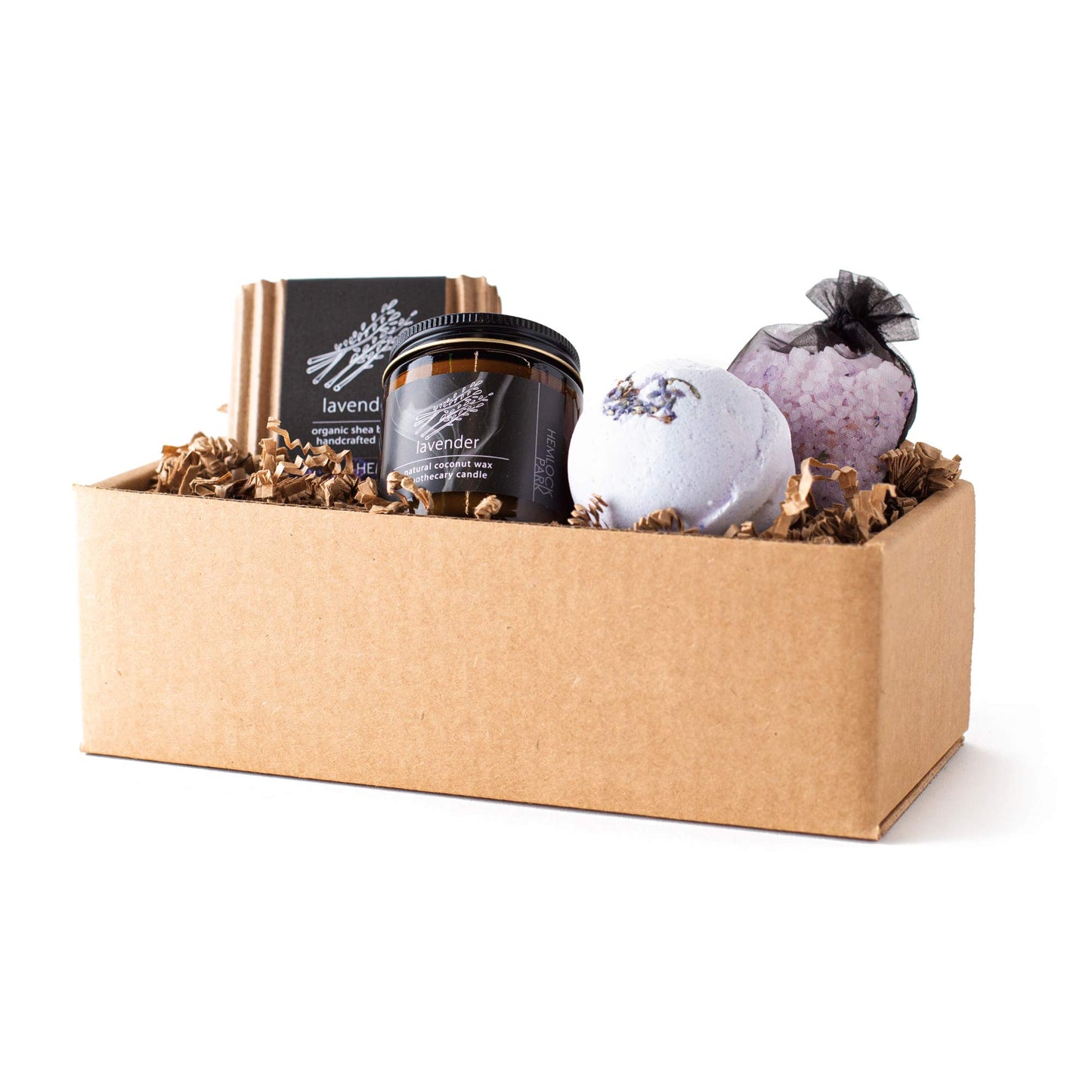 Hemlock Park Lavender Artisanal Spa Gift Box | Apothecary Candle, Shea Butter Soap, Bath Bomb, Mineral Salt Bath Soak | Handcrafted with Plant Based Ingredients