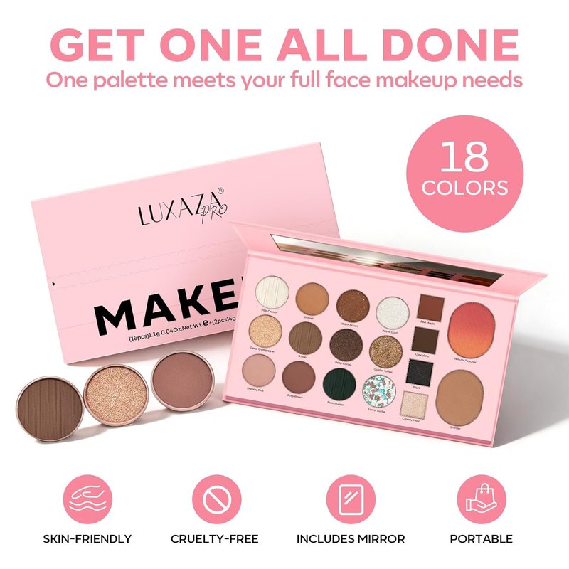 LUXAZA PRO 5-in-1 Eyeshadow Makeup Palette - 18 Natural Nude Shades | Long-Lasting Matte & Shimmer Finish