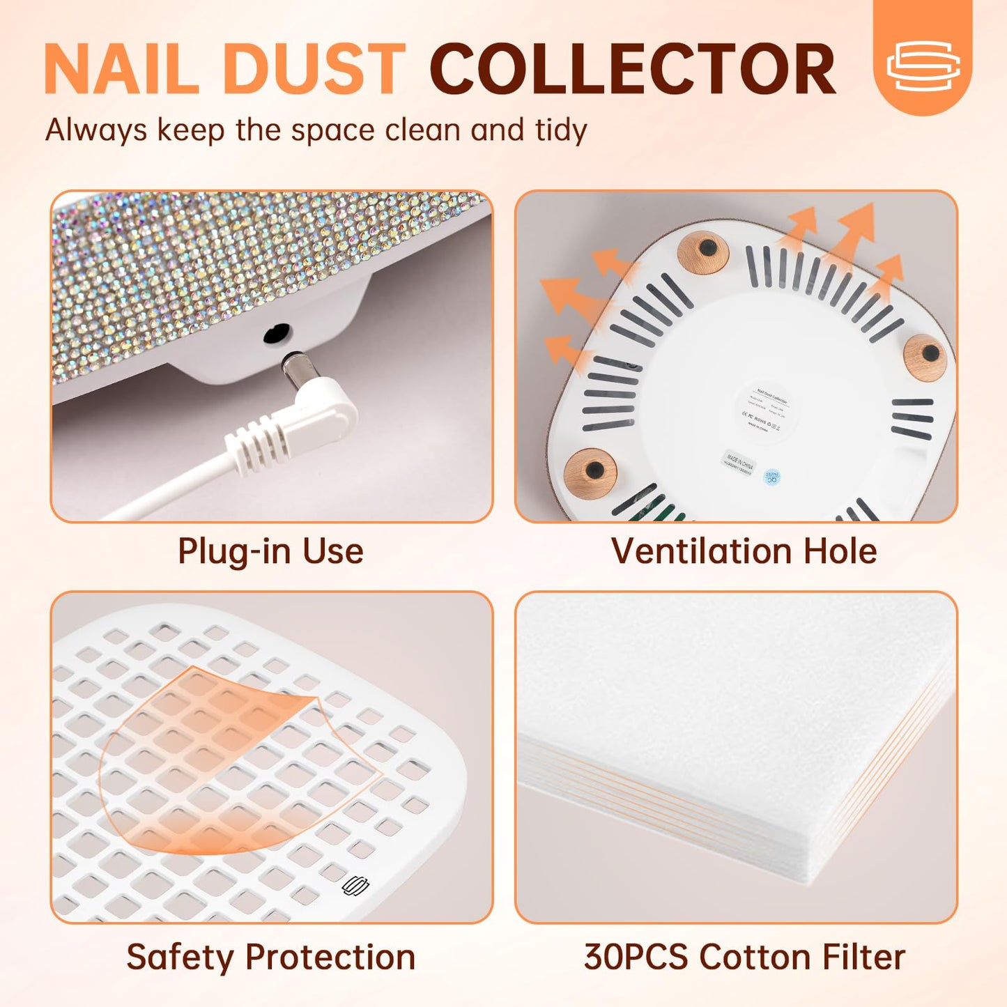 CHRISTINE SHELLY Nail Dust Collector, Mini Bling Crystal Diamond Compact 6000RPM Powerful Vacuum Fan Vent Dust Collector Extractor Dust Suction Machine for Acrylic Nails Polishing, Fast Charging