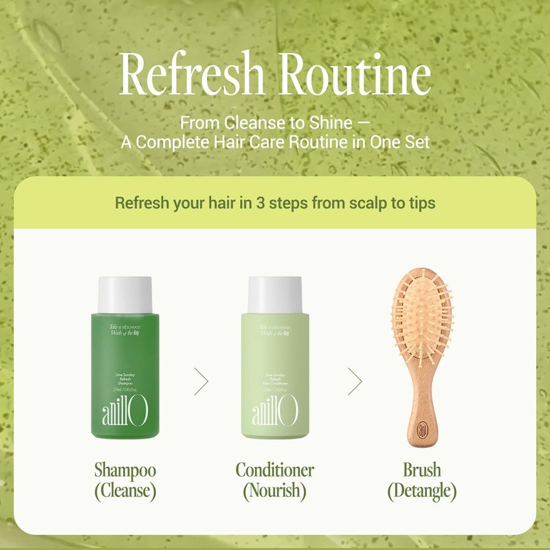 anillO Lime Sunday Refresh Hair Shampoo & Conditioner with Brush Set - Deep Cleansing & Damage Repair Korean Hair Care with Tangerine, Proteins & Ceramides - Silicone & Sulfate Free (2EA, 1.85 fl oz)