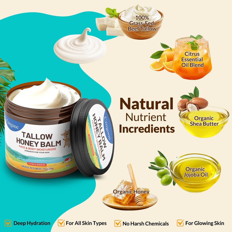Beef Tallow for Skin - 100% Grass Fed - Whipped Tallow and Honey Balm，Moisturizer Cream for Face & Body -Natural Organic Formula for Dry & Sensitive Skin (Citrus Breeze) (4 oz)