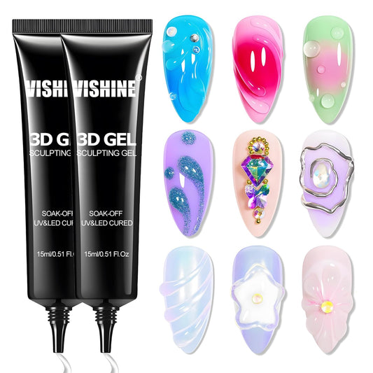 Vishine 2Pcs 3D Nail Gel Nail Art - Clear Sculpting Gel for nail Designs DIY Nail Art 3D Rhinestone, Drawing, Molding, Sculpture and Decoration Manicure Charms