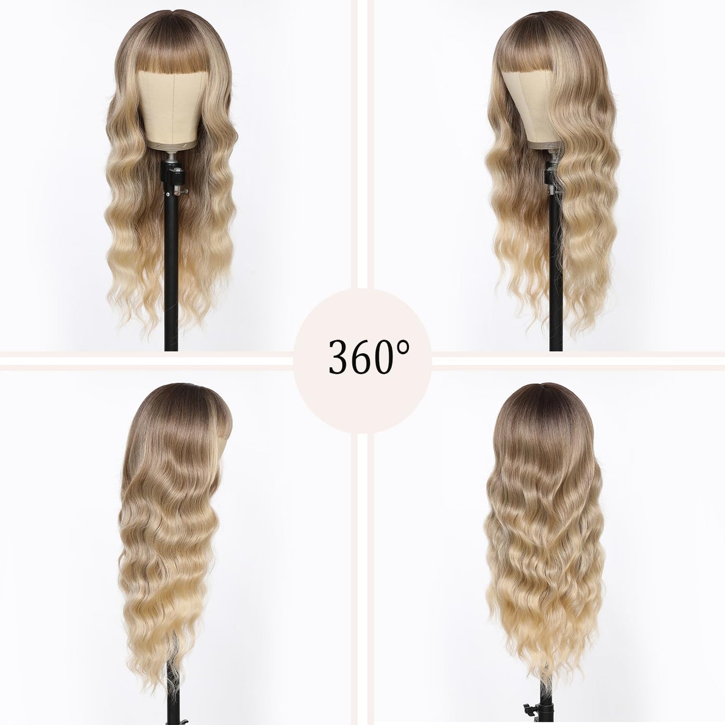 punhurt Blonde Wig with Bangs 26inch Long Synthetic Wig Wavy Curly Ombre Wigs with Dark Root Heat Resistant Fiber Wigs for White Women