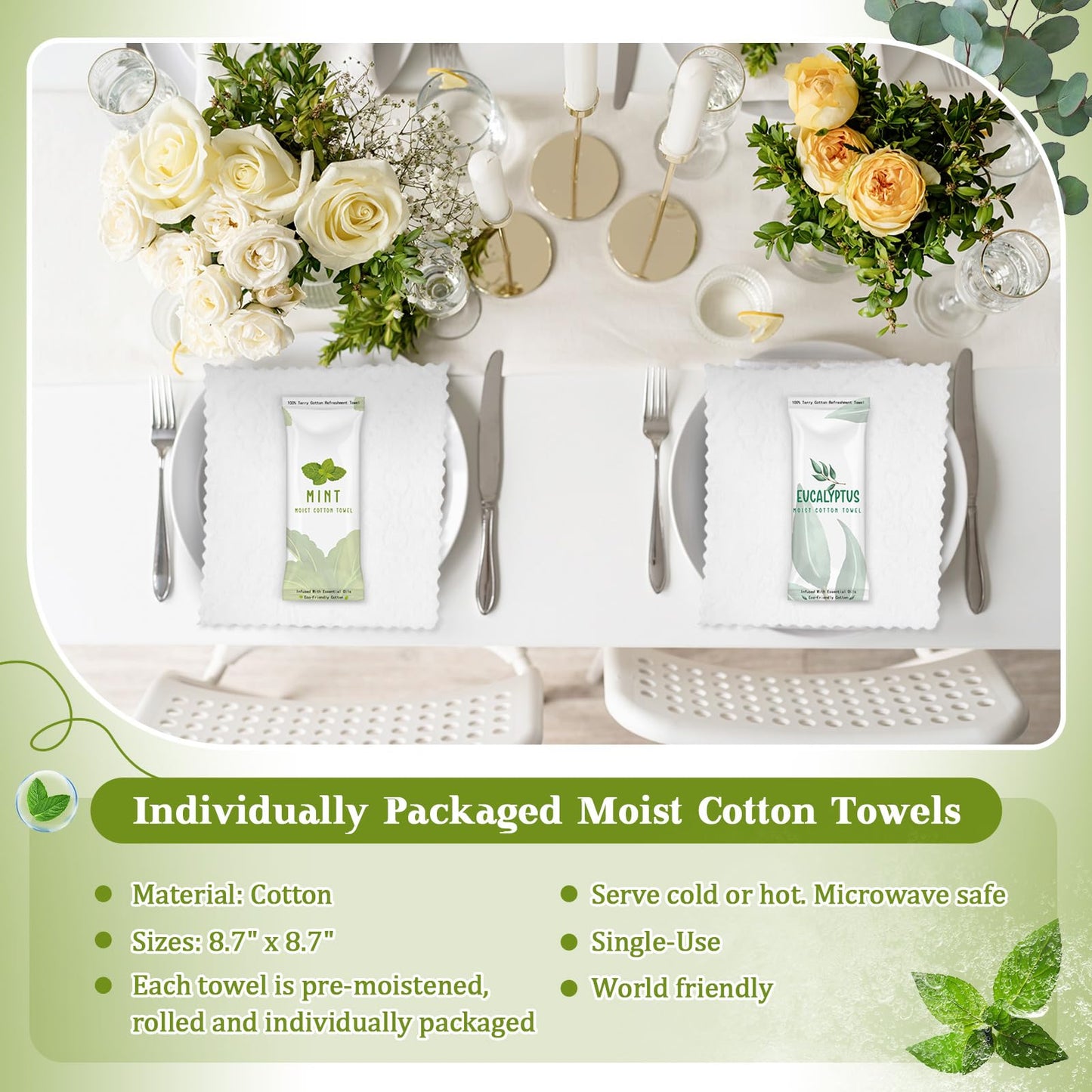 Timgle 50 Pcs Moist Towelettes Individually Wrapped Scented Disposable Face Towels Essential Oil Infused Moist Terry Cotton Towel for Use Hot or Cold Travel Body Spa(Mint, Eucalyptus Leaves)