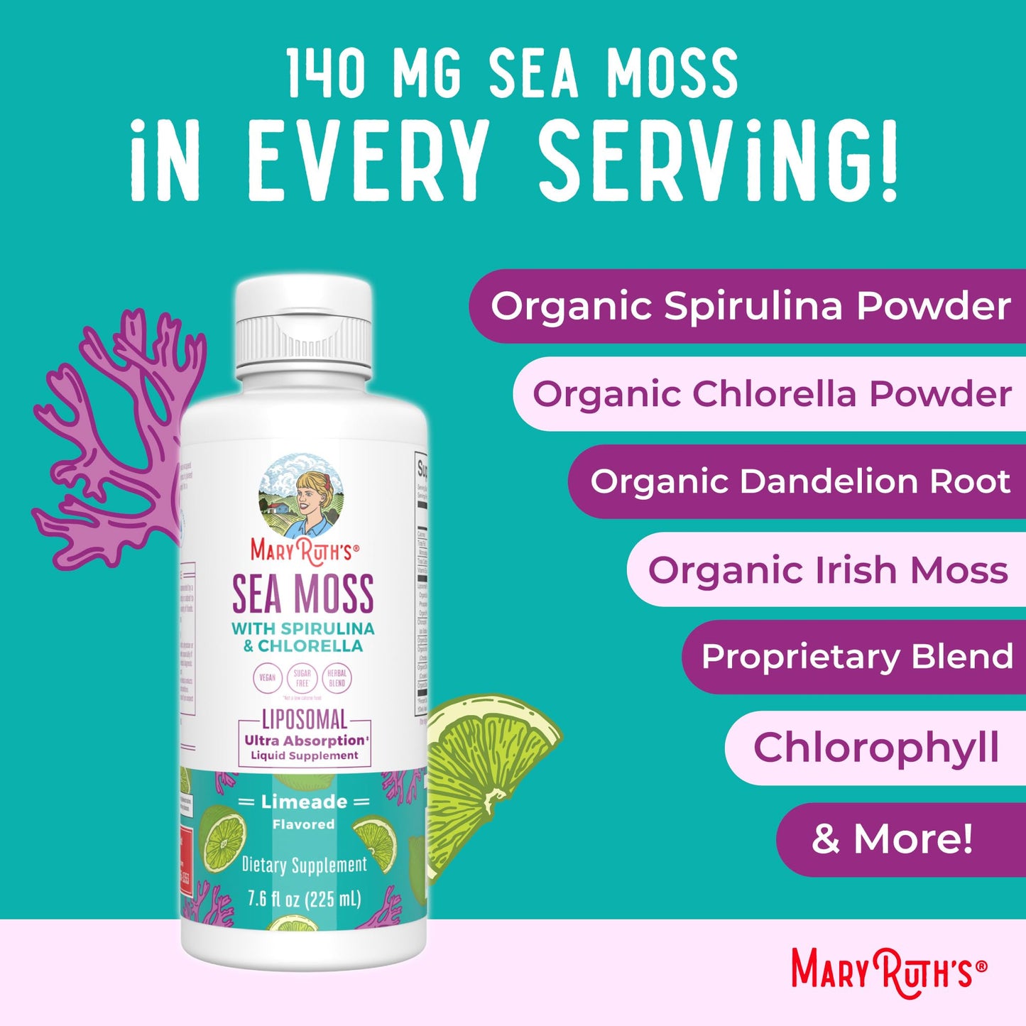 MARYRUTH'S Organics Sea Moss with Spirulina and Chlorella Liposomal | Chlorophyll | Dandelion Root | Superfood | Ultra Absorption | Vegan | Non-GMO | Gluten Free | 7.6 fl oz | 15 Servings