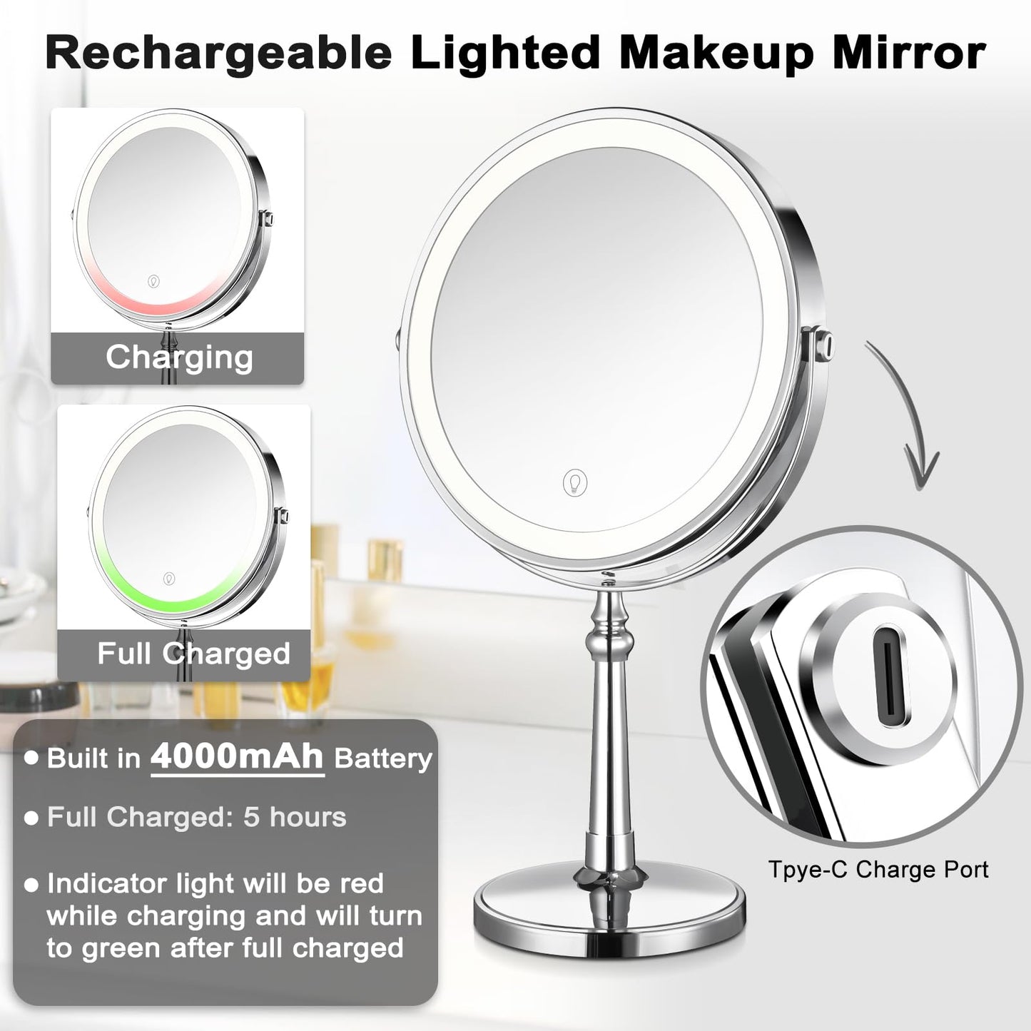 AMZNEVO Lighted Makeup Mirror, 9" Rechargeable Vanity Mirror with Lights, Double-Sided 1X/10X Magnification, 3 Color Lights, Brightness Adjustable, 360° Rotation