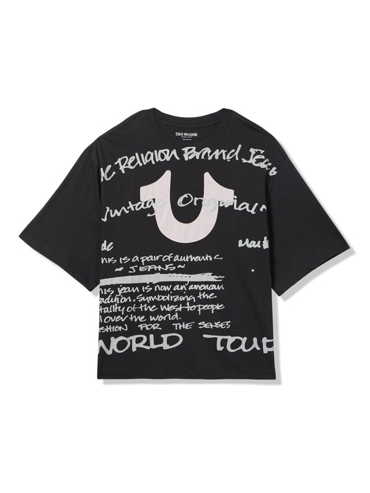 True Religion Women's Script Short Sleeve Boxy Crop Tee –Cropped Crewneck T-Shirt