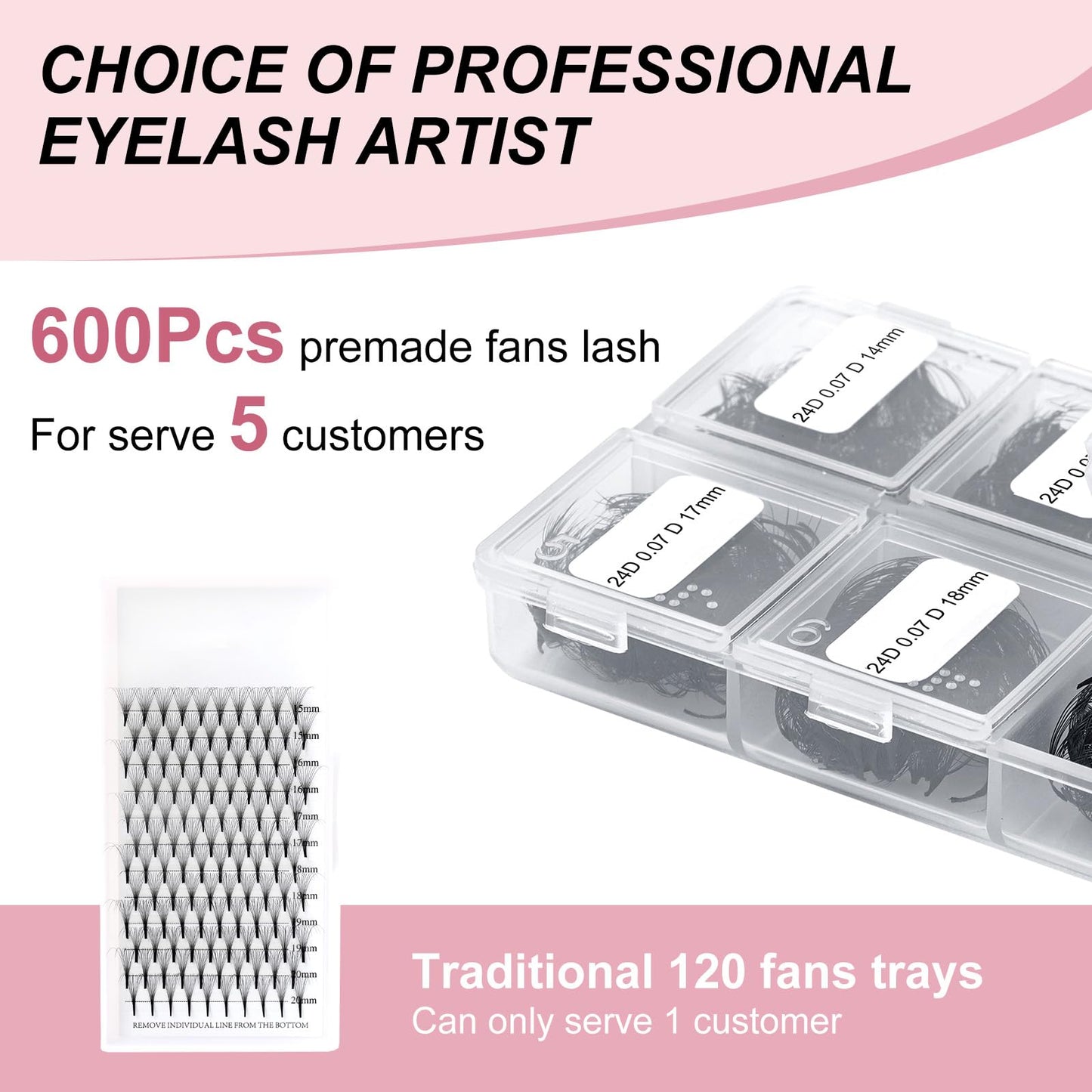 FADLASH Volume Lash Extensions 600pcs 24D Premade Fans Eyelash Extensions D Curl Pointy Base Pre Made Fans Lash Extension Mixed Tray Eyelash Extension Premade Fans (24D-0.07D-14-20mm), Black