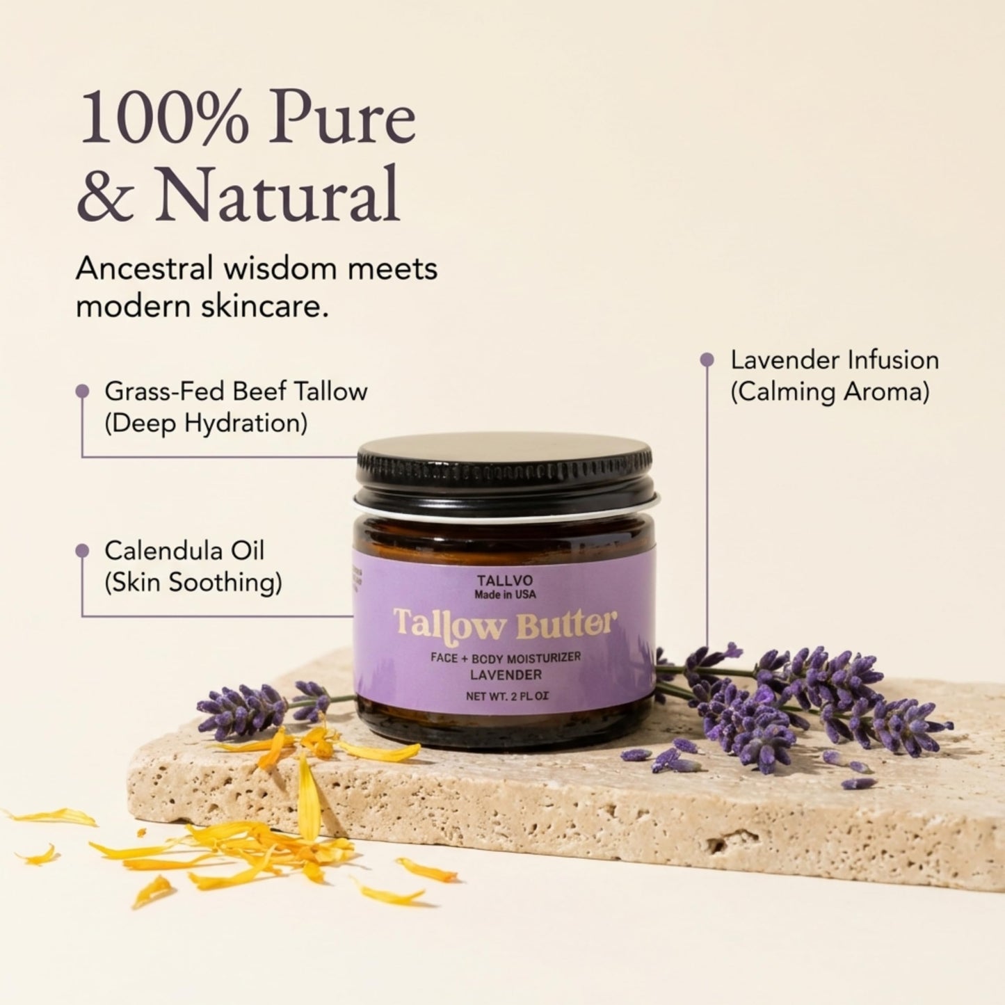Tallvo Grass-Fed Beef Tallow Moisturizer for Face & Body Whipped Tallow Balm for Dry Skin, Eczema & Sensitive Skin Natural, Non-Toxic, Deep Hydration Skincare (Lavender, 2 oz)