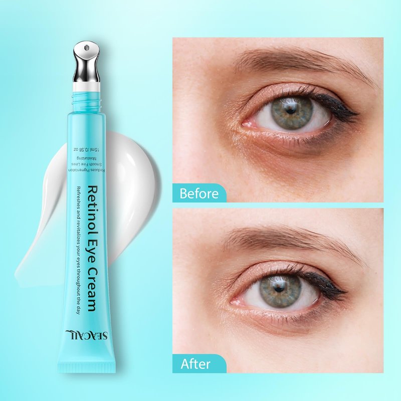 Seacall Retinol Eye Cream, Anti Aging Under Eye Cream with Caffeine, Vitamin C & Hyaluronic Acid, Cool Massage Head Eye Serum Fades Dark Circles Puffiness Wrinkles, 15ml Portable Eye Cream for Women