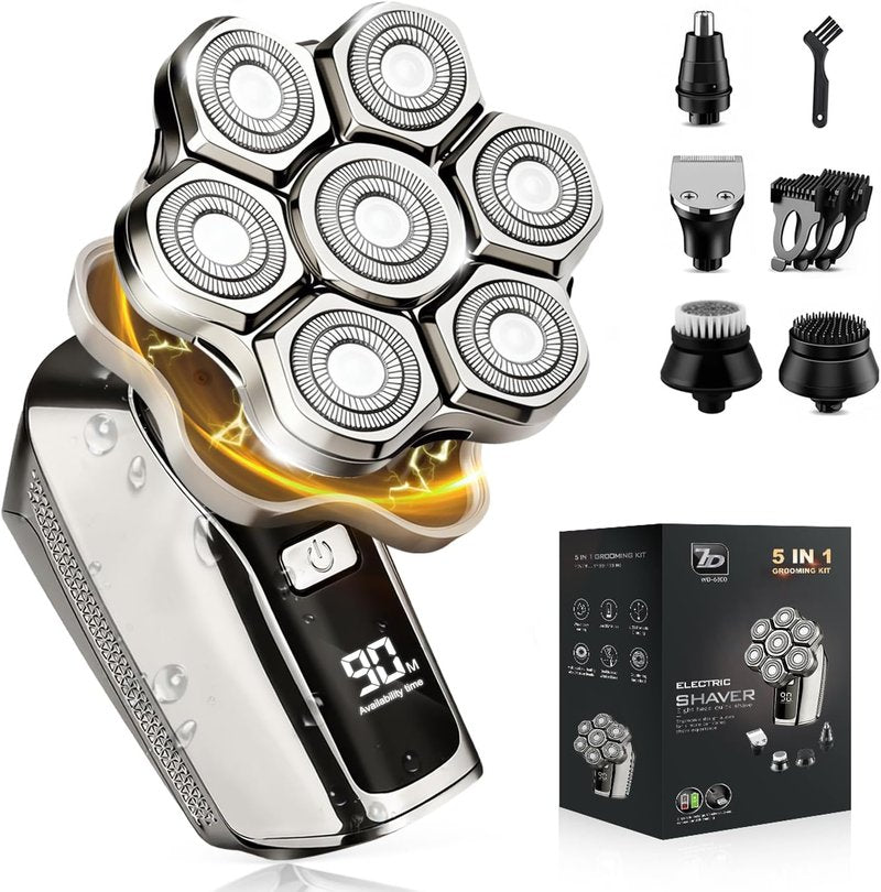 Head Shaver for Bald Men - 7D Waterproof Electric Razor with Detachable Blades | 5-in-1 Grooming Kit for Smooth Shaving