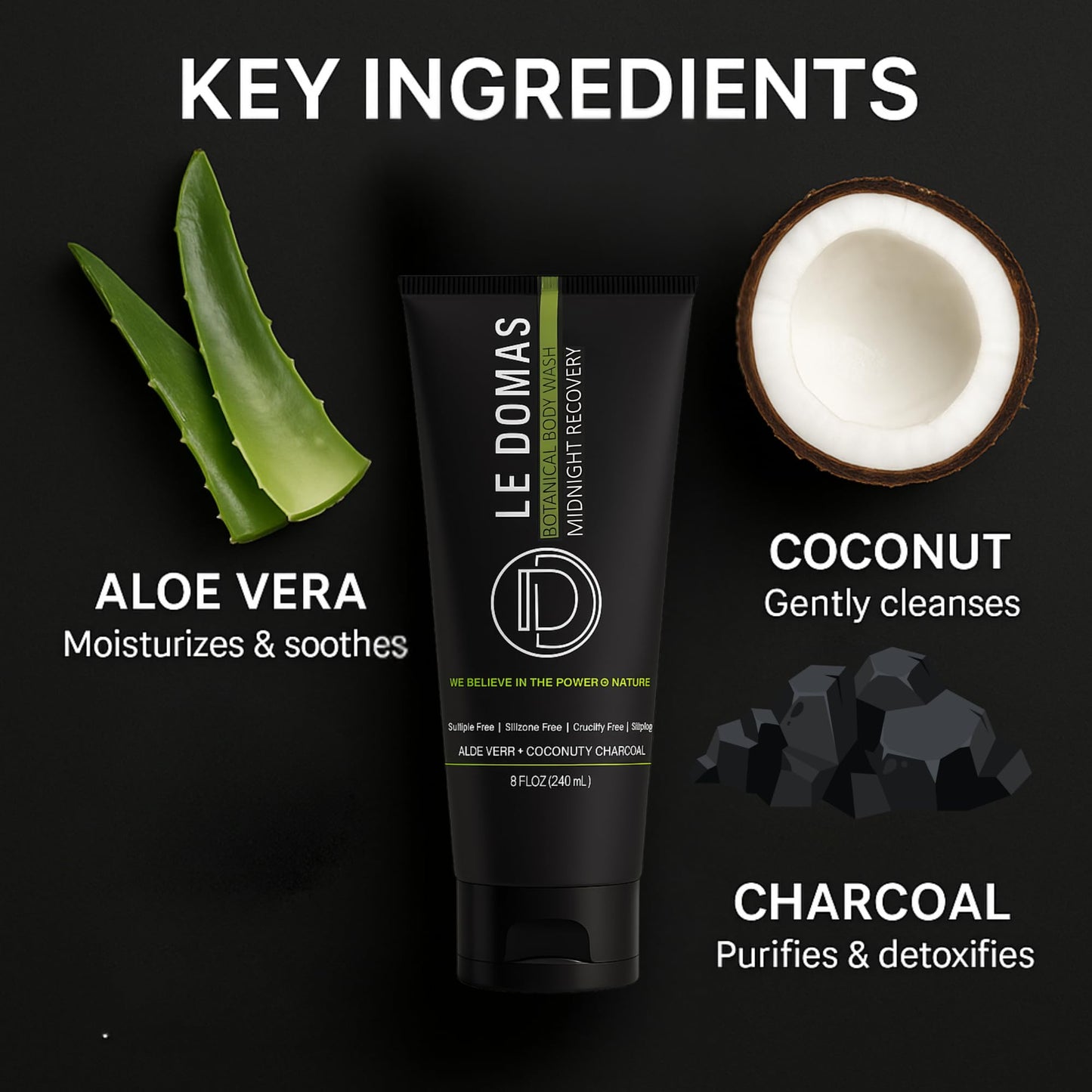 LE DOMAS Natural Body Wash with Aloe Vera, Coconut & Vitamin E – Moisturizing Cleanser for Women & Men – Sulfate Free, Gentle Skin Care, Vegan Body Care Products – Travel Size Body Wash, 8 fl oz
