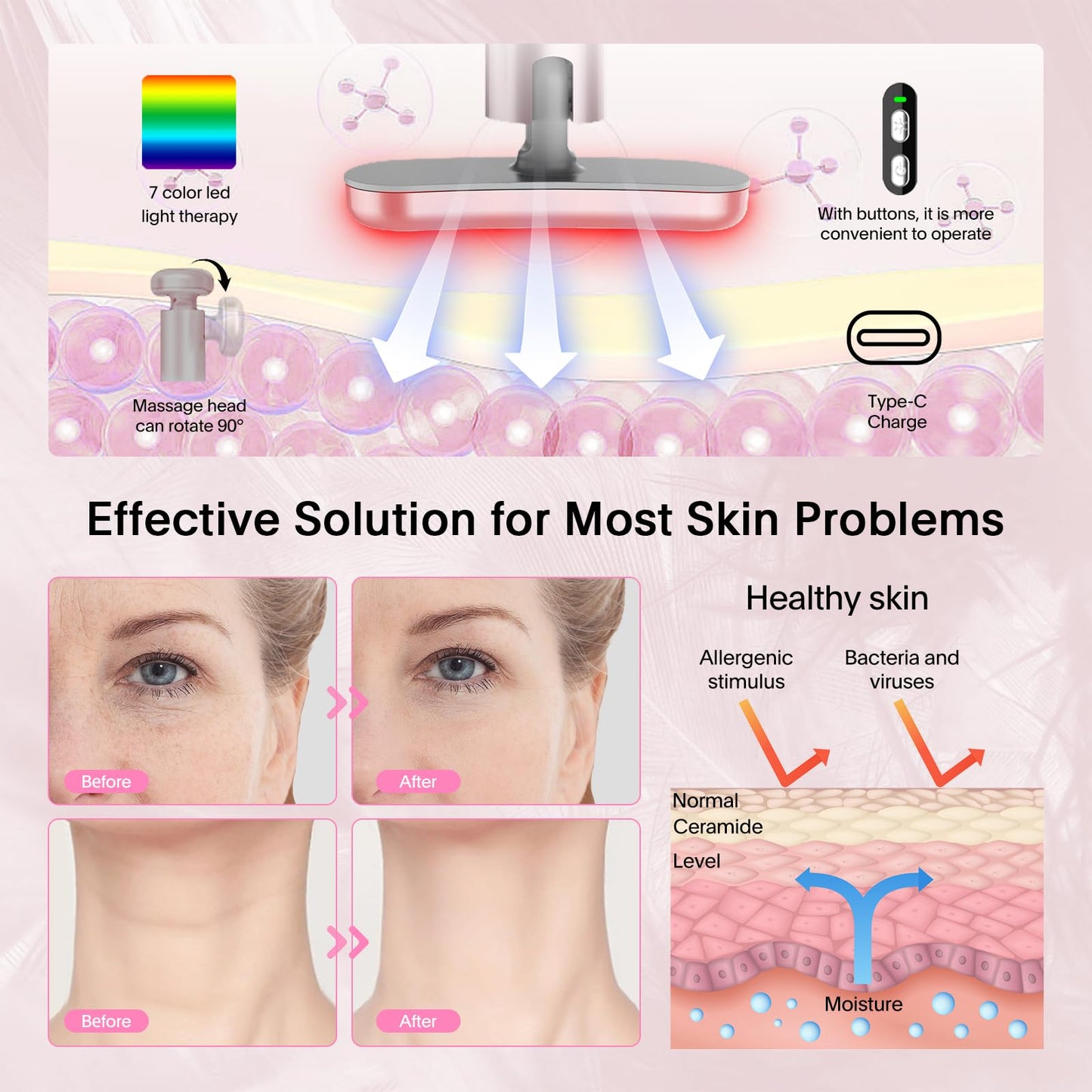 Red-Light-Therapy-Wand, 7 Colors LED Facial Light Therapy Wand for Face and Neck Rejuvenation, Face Massager Eye Beauty Tool at Home