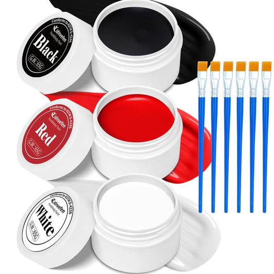 3 Colors Oil Based Face Body Paint Set with 6 Brushes, White Black Red Clown Makeup Kit for Halloween Goth Pennywise Joker Devil Zombie Vampire Skeleton SFX Cosplay Stage, Non Toxic for Kids & Adults
