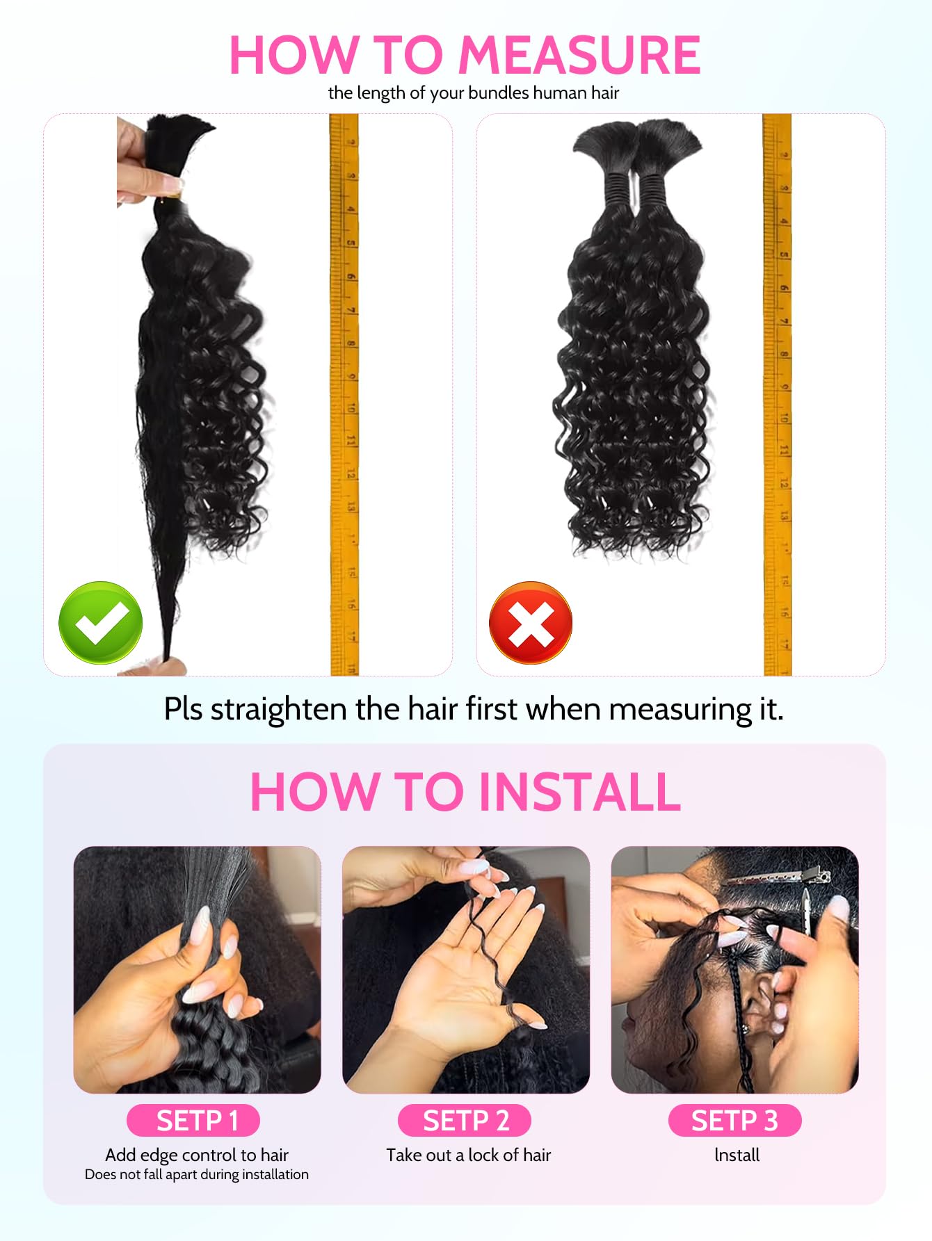 QUINARVVNA Human Braiding Hair 110g Deep Wave Bulk Boho Hair 2 Bundles/Pack 12A Wet and Wavy Curly Human Hair Extensions for Knotless Braids Bohemian Style Natural Color 16 Inch