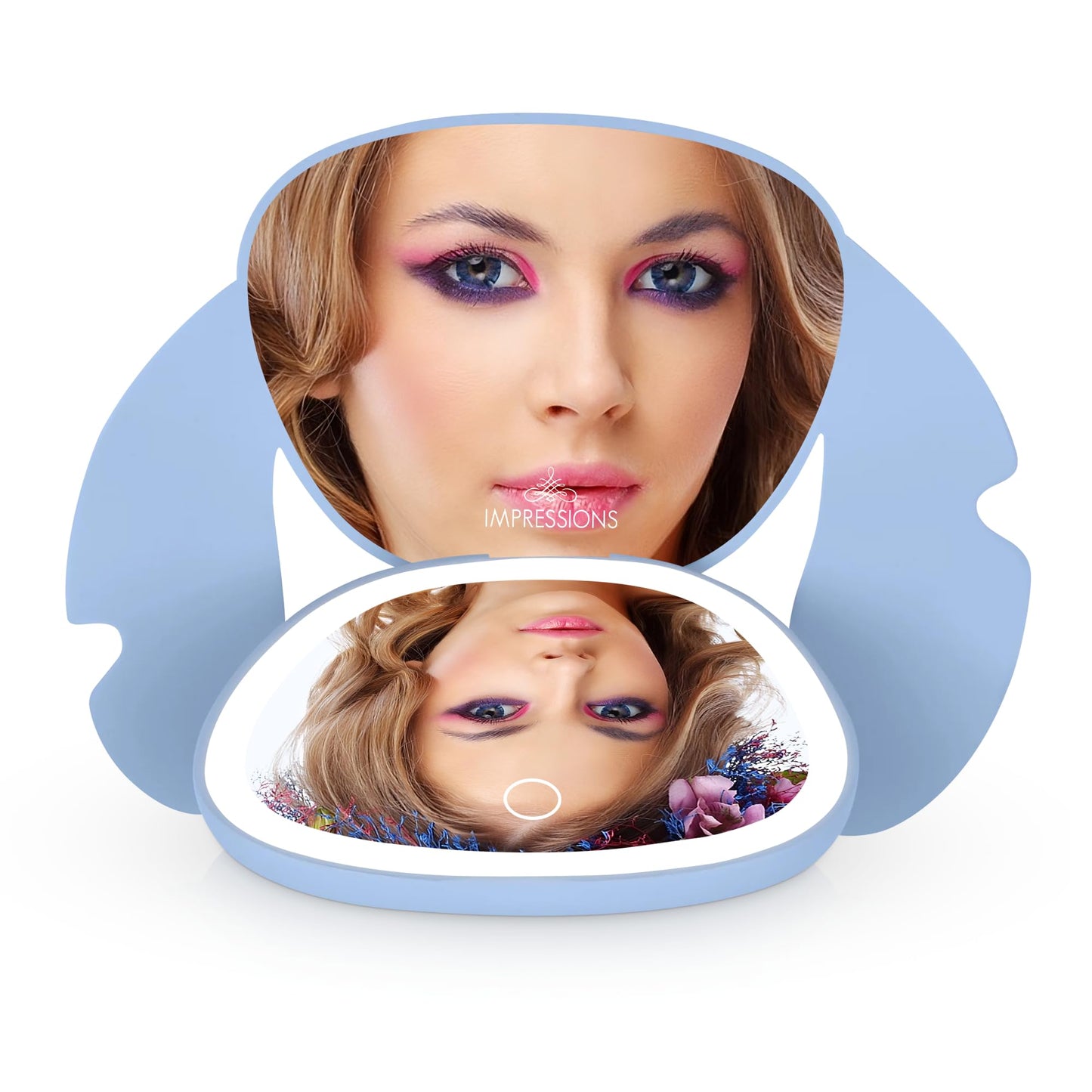 Impressions Vanity Stitch Ohana LED Compact Mirror with Lights, Lighted Travel Makeup Mirror with 3X Magnification, Adjustable Brightness, and Soft Touch Velvety Finish, Auto Shut-Off