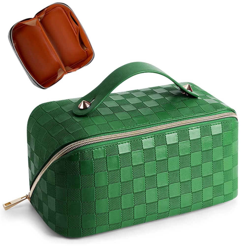 Cessfle Large Capacity Travel Cosmetic Bag Plaid Checkered Makeup Bag Portable Leather Waterproof Skincare Bag with Handle and Divider for Women 01-Green