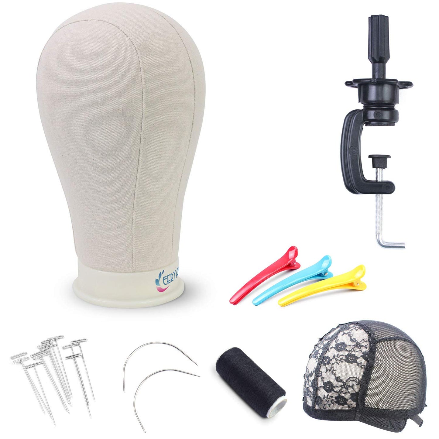 EERYA 22.5 Inch Wig Head Stand Set for Wig Making Display Styling Training Poly Canvas Block Head with Mount Hole Mannequin Manikin Head Stand( 22.5 Inch)