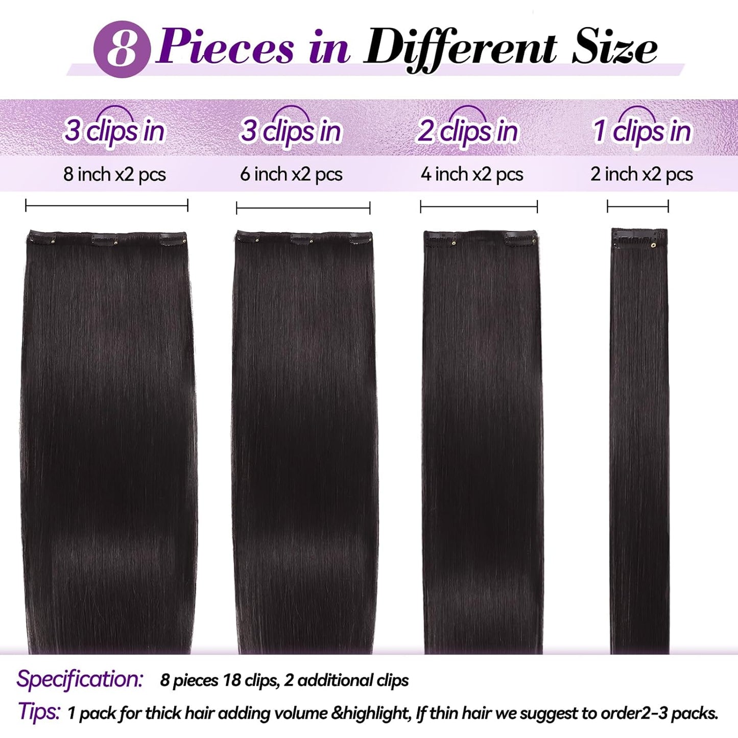 Real Human Hair Clip-In Extensions - 16 Inch, 90g Seamless Double Weft, Dark Brown | 8 Pieces