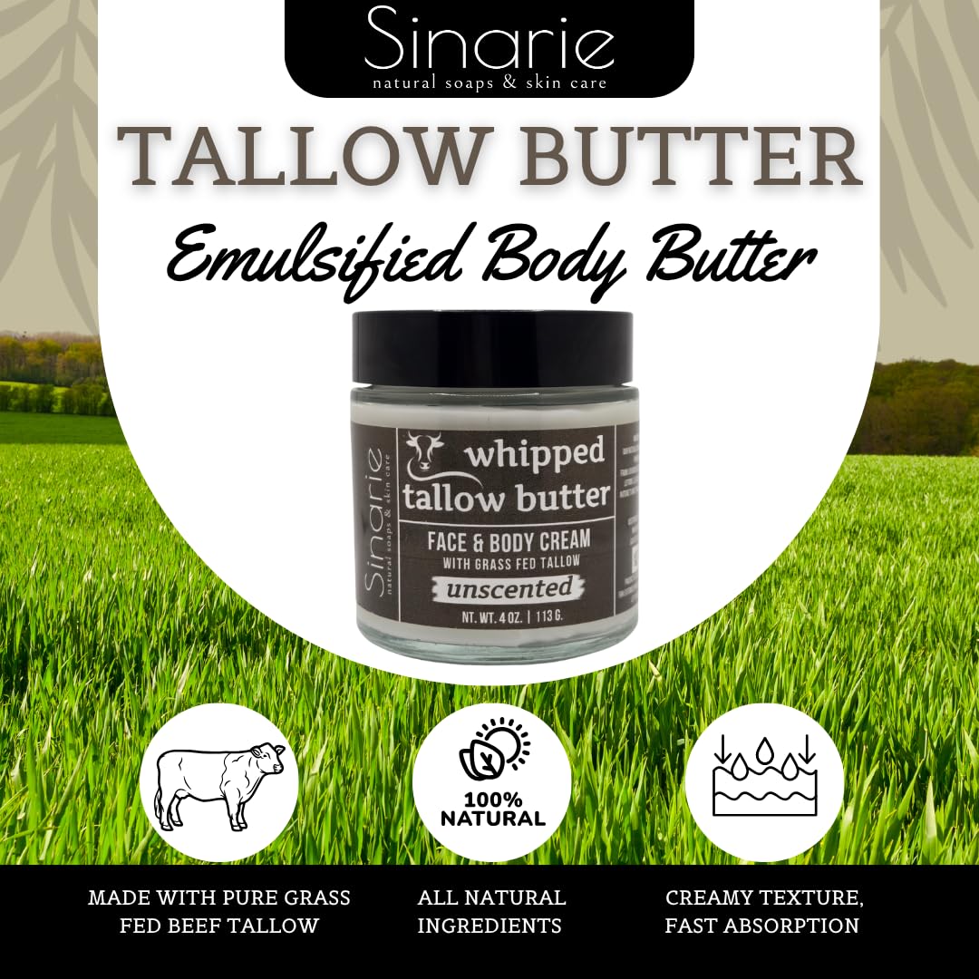 Sinarie Grass-Fed Beef Tallow Body Butter - Emulsified, Non-Greasy Moisturizer, 4 oz Soaps & Skin Care (4 oz., Unscented)
