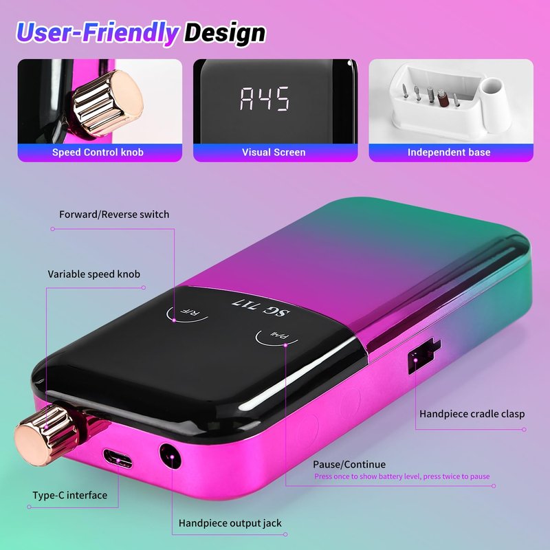 JEWHITENY Portable Nail Drill SG717 Electric Nail File,45000RPM Professional Rechargeable Nail E-File Machine for Acrylic Gel Nails,Remove Nail Gel Polish(Purple)
