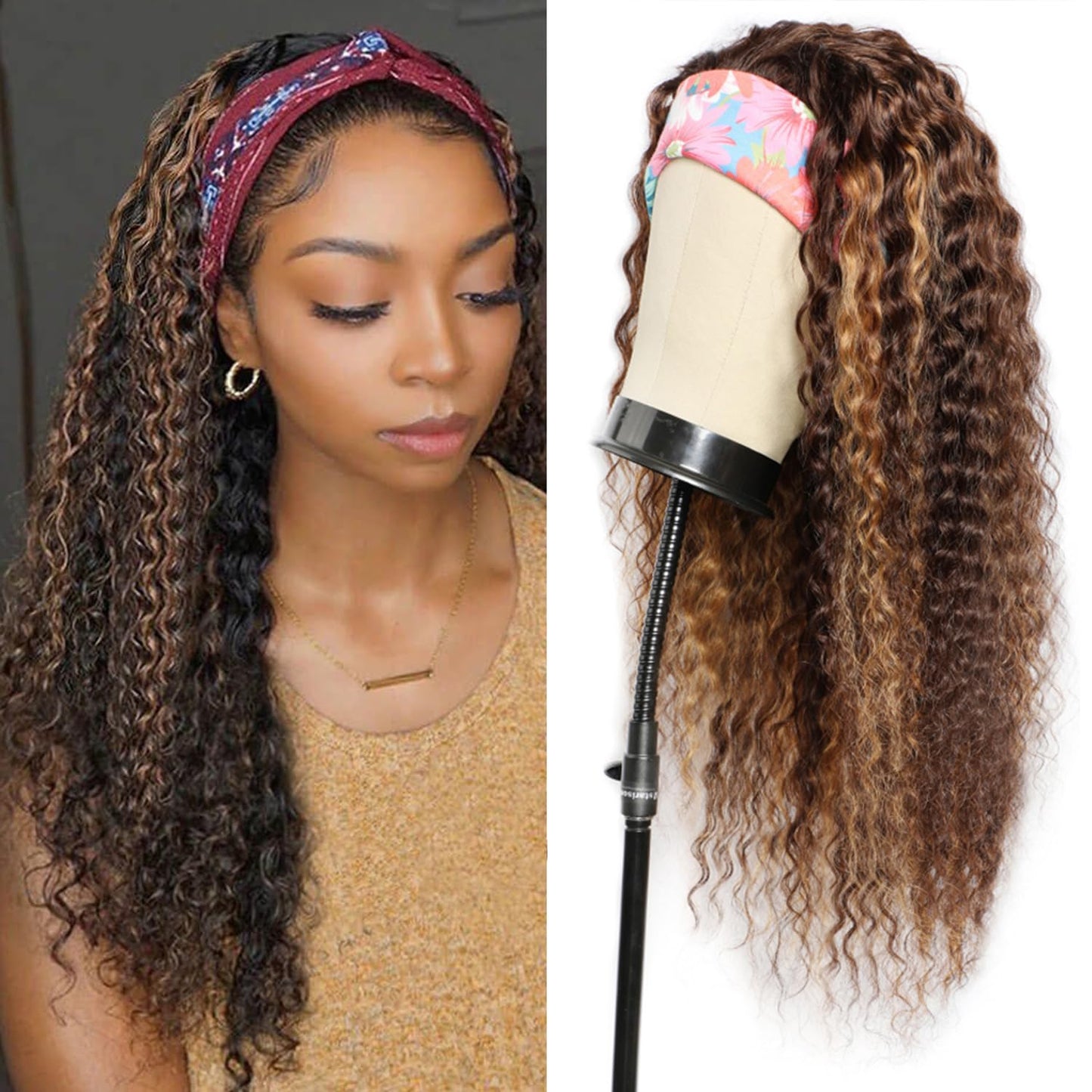 Aiterina Headband Wig deep wave human hair wigs for Black Women Brazilian Remy Hair Glueless Non Lace Front Wig Wear and Go Wigs Machine Made 150% Density (12 inch, 4/27 Highlight)
