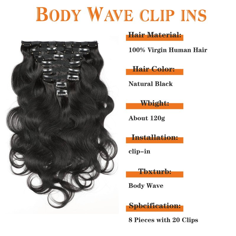 Yacurcur Body Wave Clip Ins Human Hair 8Pcs/Set 120 Gram Body Wave Clip in Hair Extensions 10A Brazilian Virgin Human Hair for Black Women Natural Black Color 22 Inch