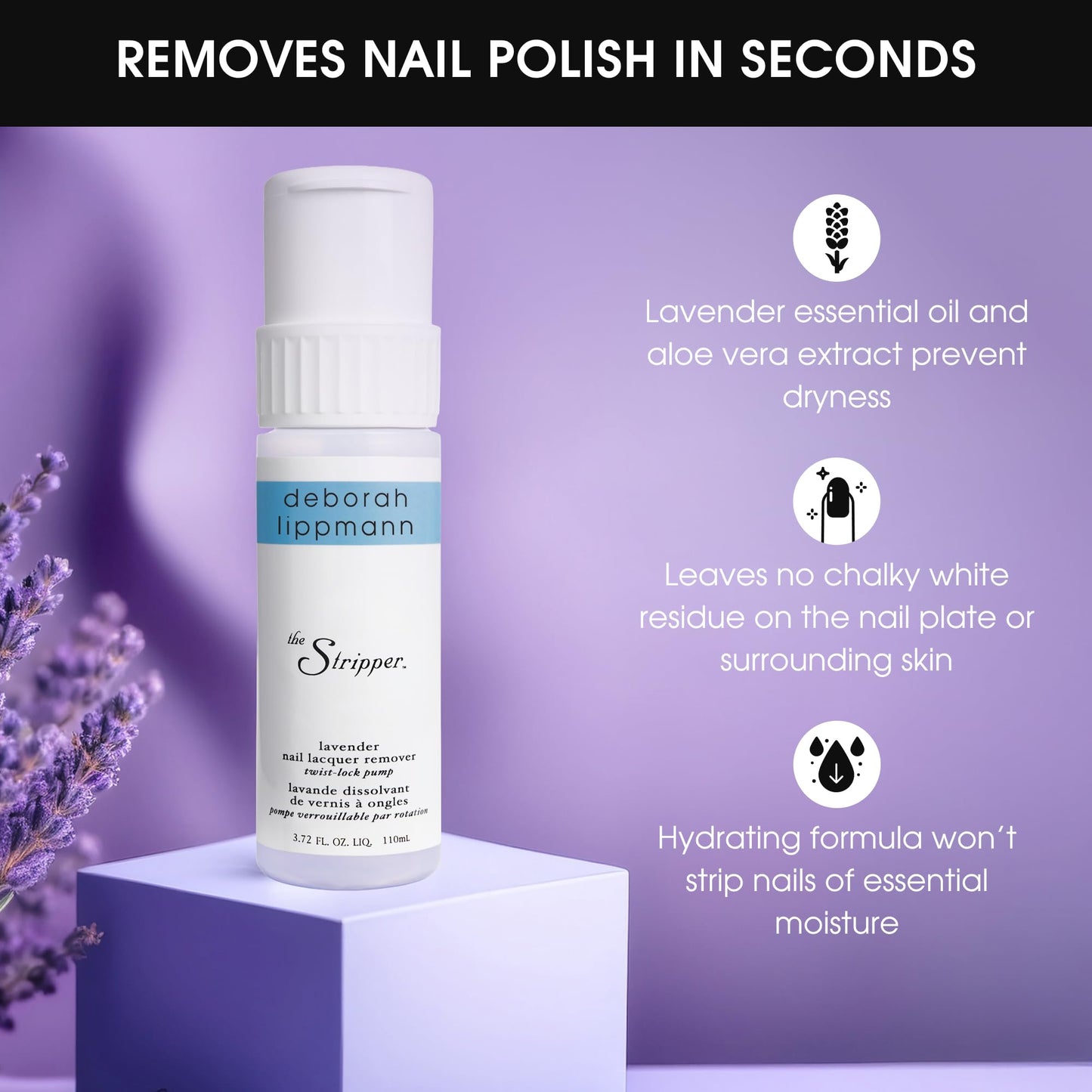 Deborah Lippmann The Stripper | Nail Polish Remover, Fast-Acting | Hydrating Aloe Vera to Prevent Dryness & No Chalky Residue | Lavender Scent