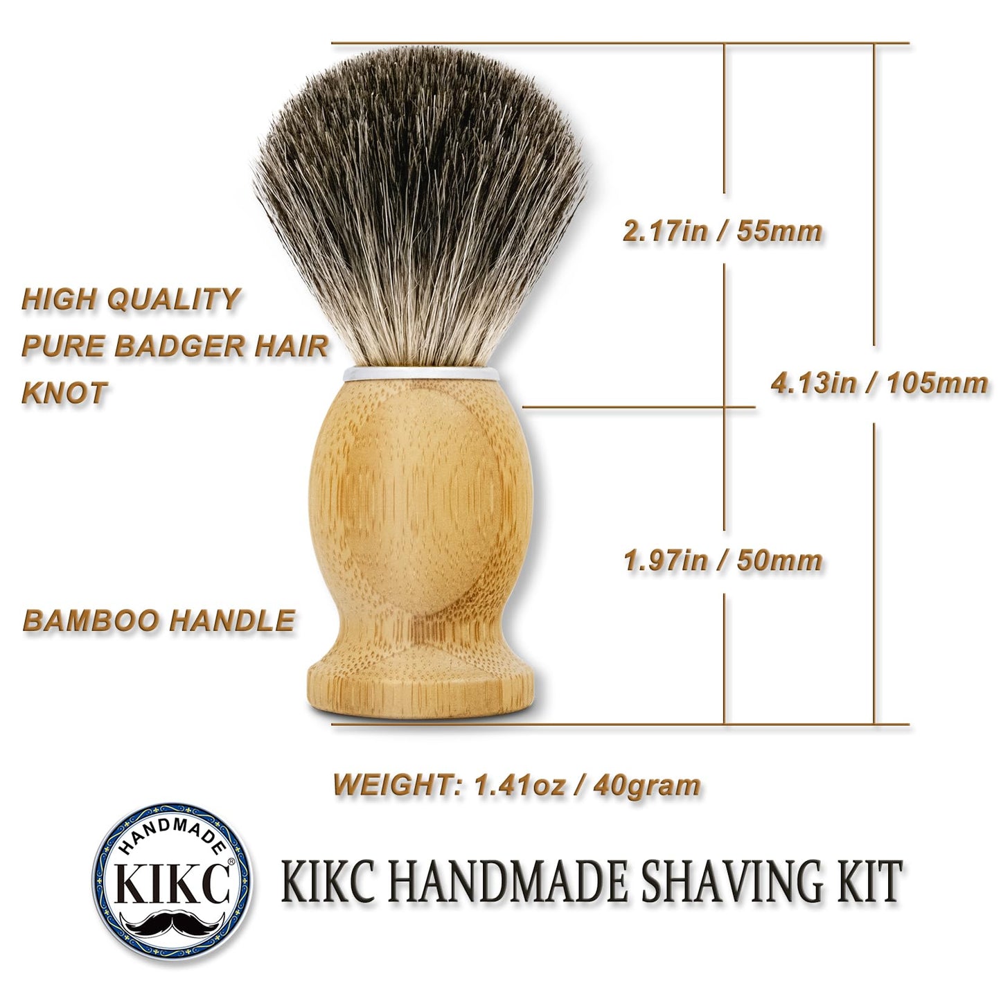 KIKC Hand Crafted Pure Badger Shaving Brush for Wet Shave, Comfortable Bamboo Handle, Soft Bristle, Best Gift for Bearded Man