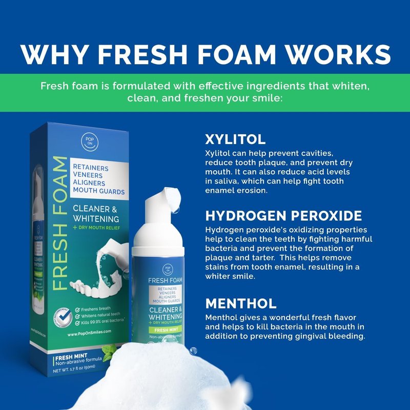 Aligner & Retainer Cleaner Foam – Dry Mouth Relief, Compatible with Invisalign, Aligners, Retainers, Mouth Guards, Night Guards, Veneers, Whitens, Freshens, 3% Hydrogen Peroxide, Mint - 50ml, 2 PC