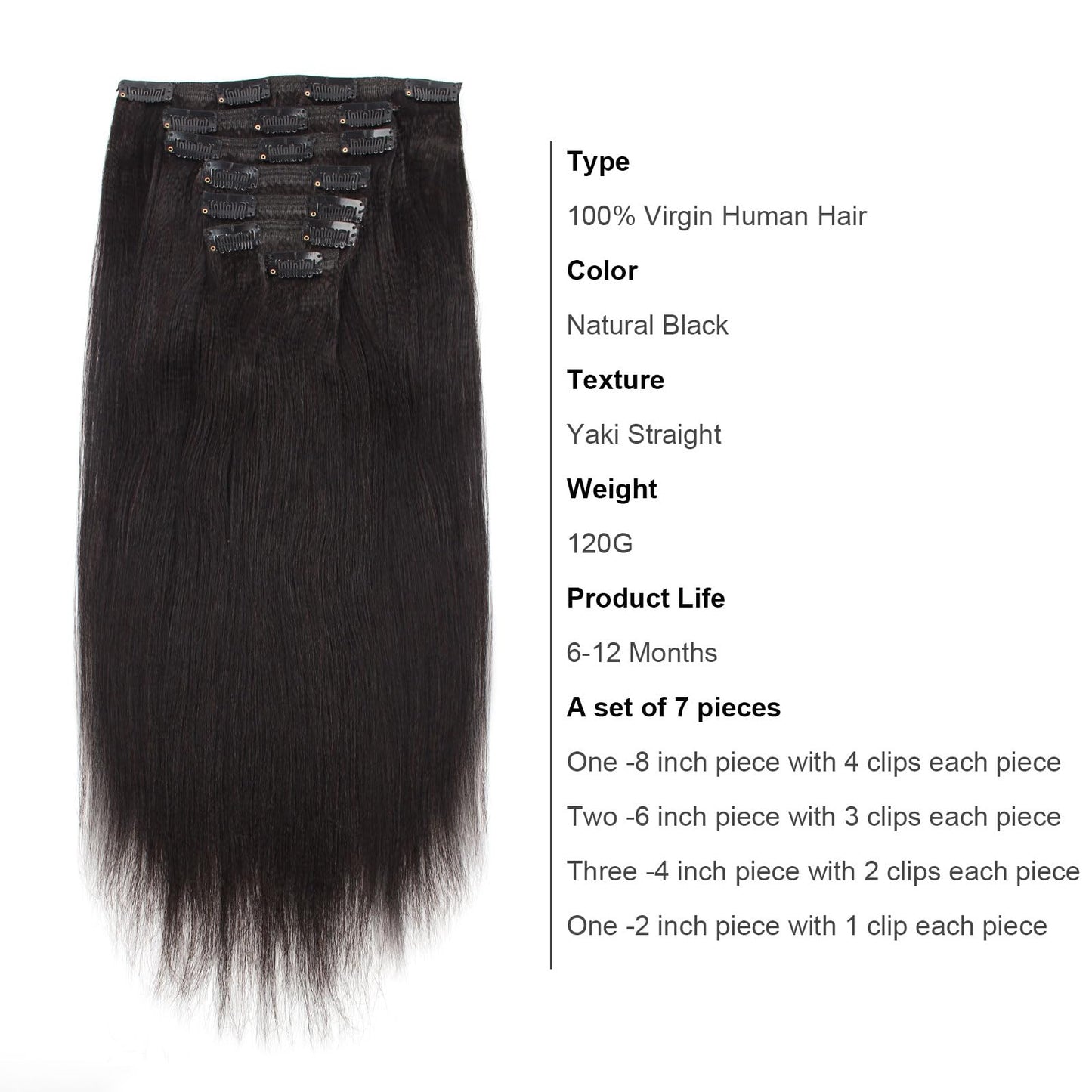 ABH AmazingBeauty Hair Yaki Straight Clip ins Human Hair Extensions for Black Women Natural Black Light Yaki Clip ins 7 Pieces 120 Gram Per Set, 12 Inch