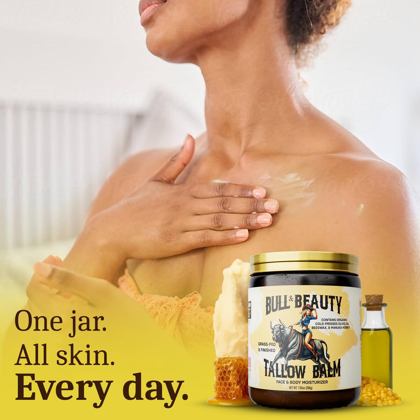 Bull & Beauty Organic Beef Tallow and Honey Balm 7.05oz Organic Beef Tallow for Skin - 100% Grass-Fed Unscented Beef Tallow Moisturizer for Skin & Face with Manuka Honey, Olive Oil & Beeswax