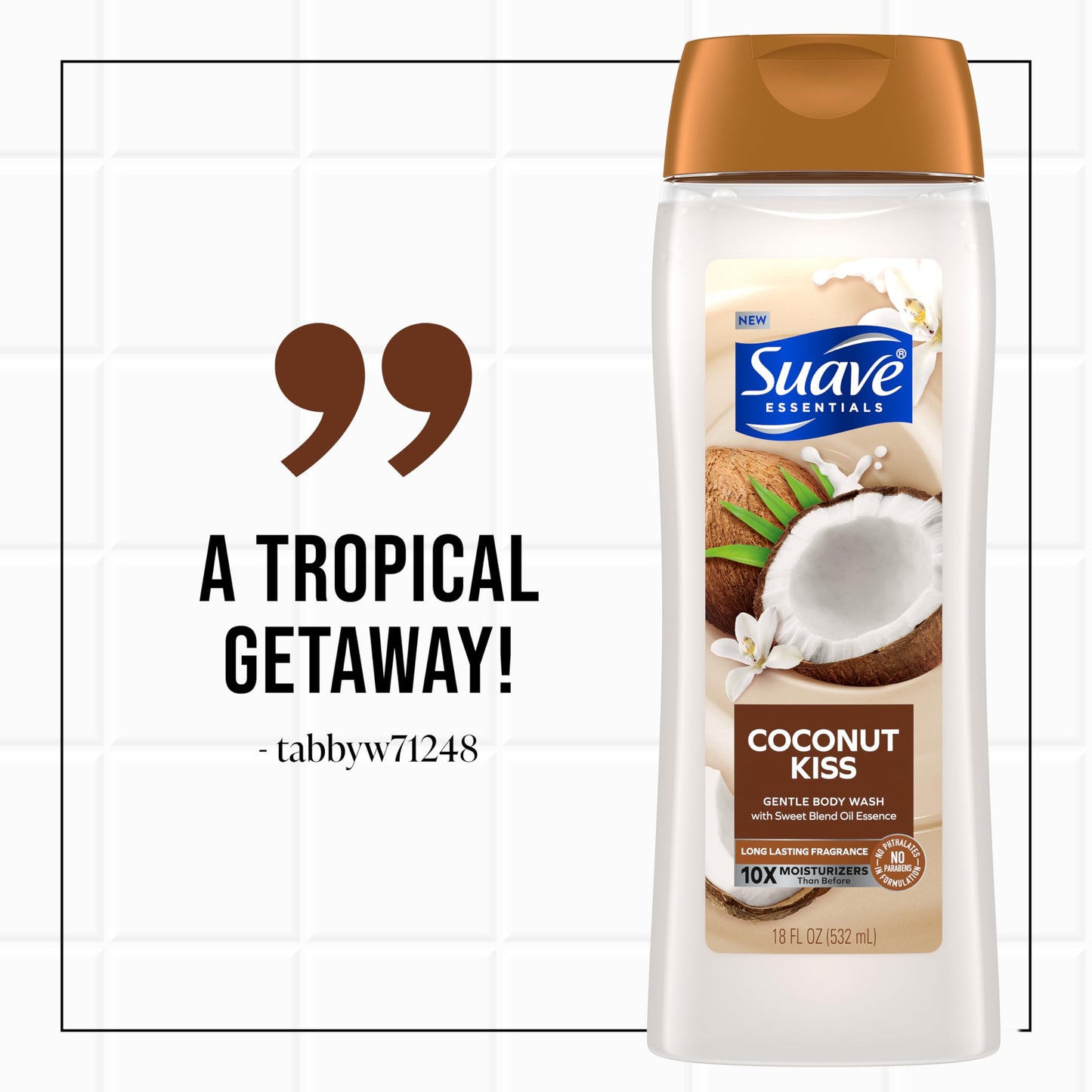 Suave Moisturizing Body Wash Women, Coconut Kiss with Vitamin E and Aloe Extracts, No Parabens, No Phthalates, 18 Oz (Pack of 6)