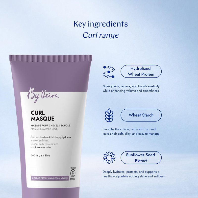 By Veira, Curl Hair Mask 6.8 Fl Oz, Gently Cleanses & Defines Curly Wavy Hair, Reduces frizz & Increases shine, Color preserving, 100% vegan & Sulfate/Silicone free