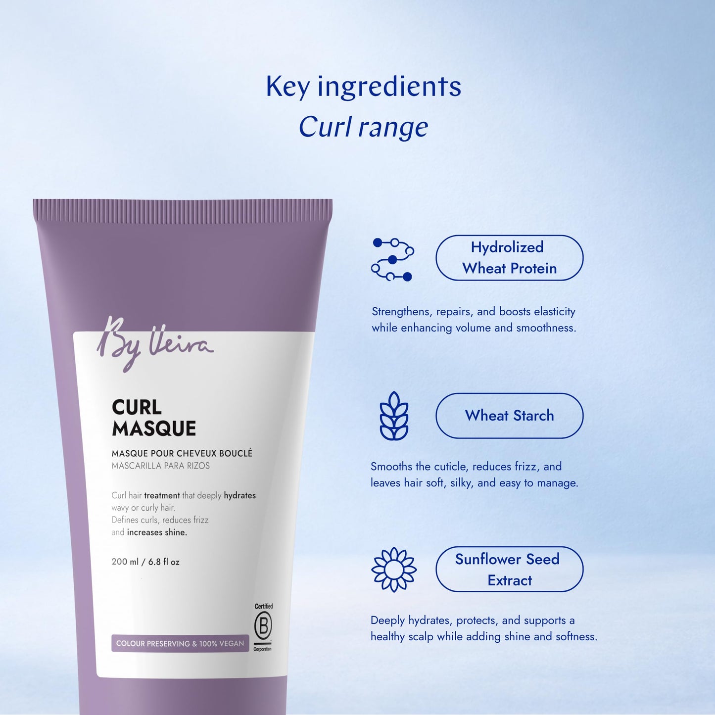 By Veira, Curl Hair Mask 6.8 Fl Oz, Gently Cleanses & Defines Curly Wavy Hair, Reduces frizz & Increases shine, Color preserving, 100% vegan & Sulfate/Silicone free