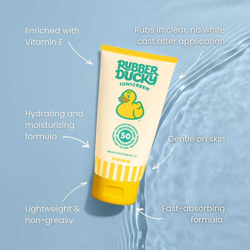 Rubber Ducky Sunscreen SPF 50 with Vitamin E - Lightweight & Water Resistant Sunblock for Kids - No White Cast Sunscreen Lotion, Unscented, Moisturizing & Non-Greasy, for Face and Body Use - 5oz, 2Pcs