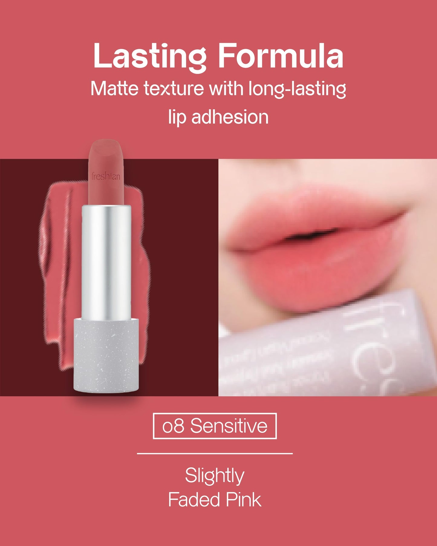 FRESHIAN Sensual Vegan Lipstick Blur (08 Sensitive, 0.12oz) - Long-Lasting Formula, Lightweight Matte Lipstick, Korean Makeup. Shea Cocoa Butter, Vegan.