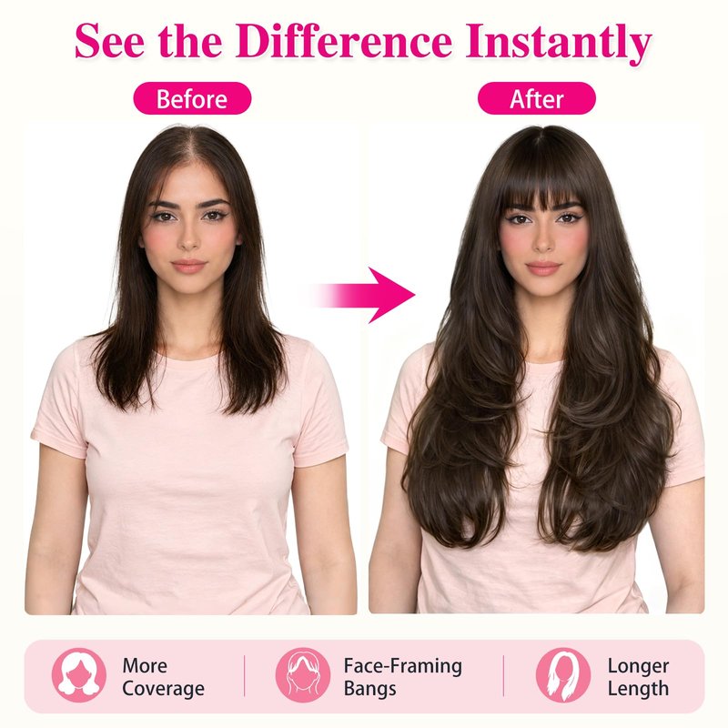 ALXNAN Hair Toppers For Women with Thinning 3D 360°Cover,26Inch Mocha Brown Long Straight Layered Clip In Synthetic hair topper with Bangs