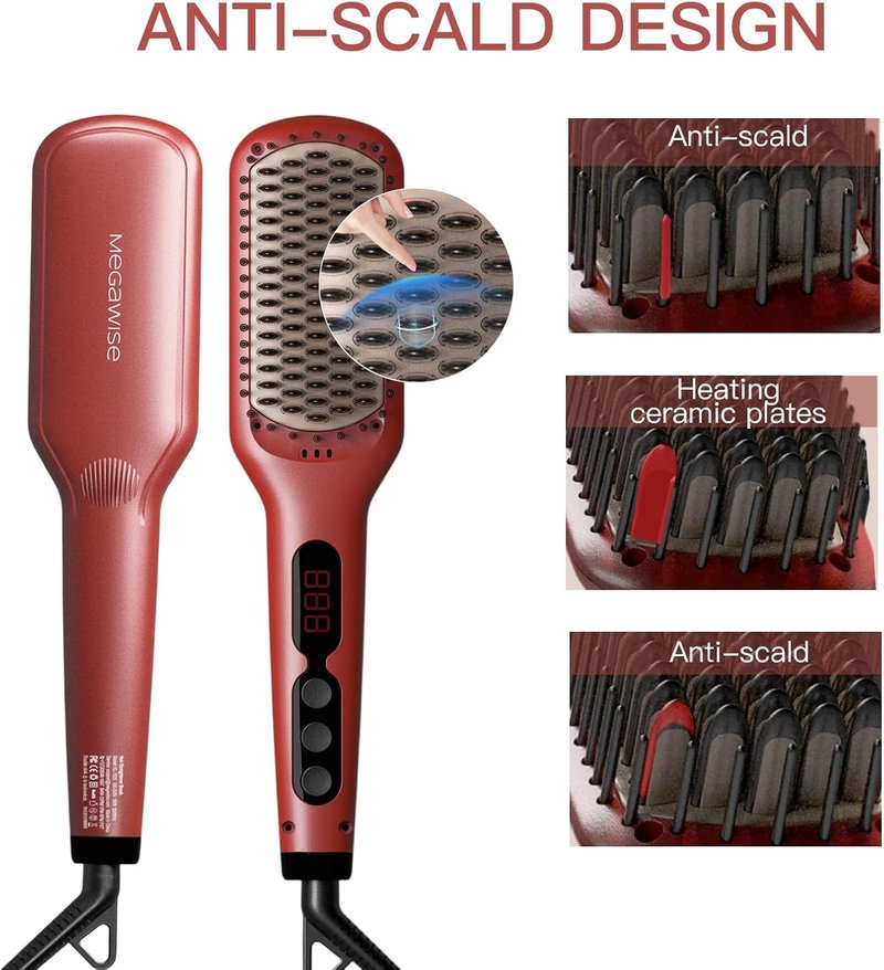 Ceramic Ionic Hair Straightener Brush - Fast 20s Heating, Auto-Off, Anti-Scald | Tomato Red