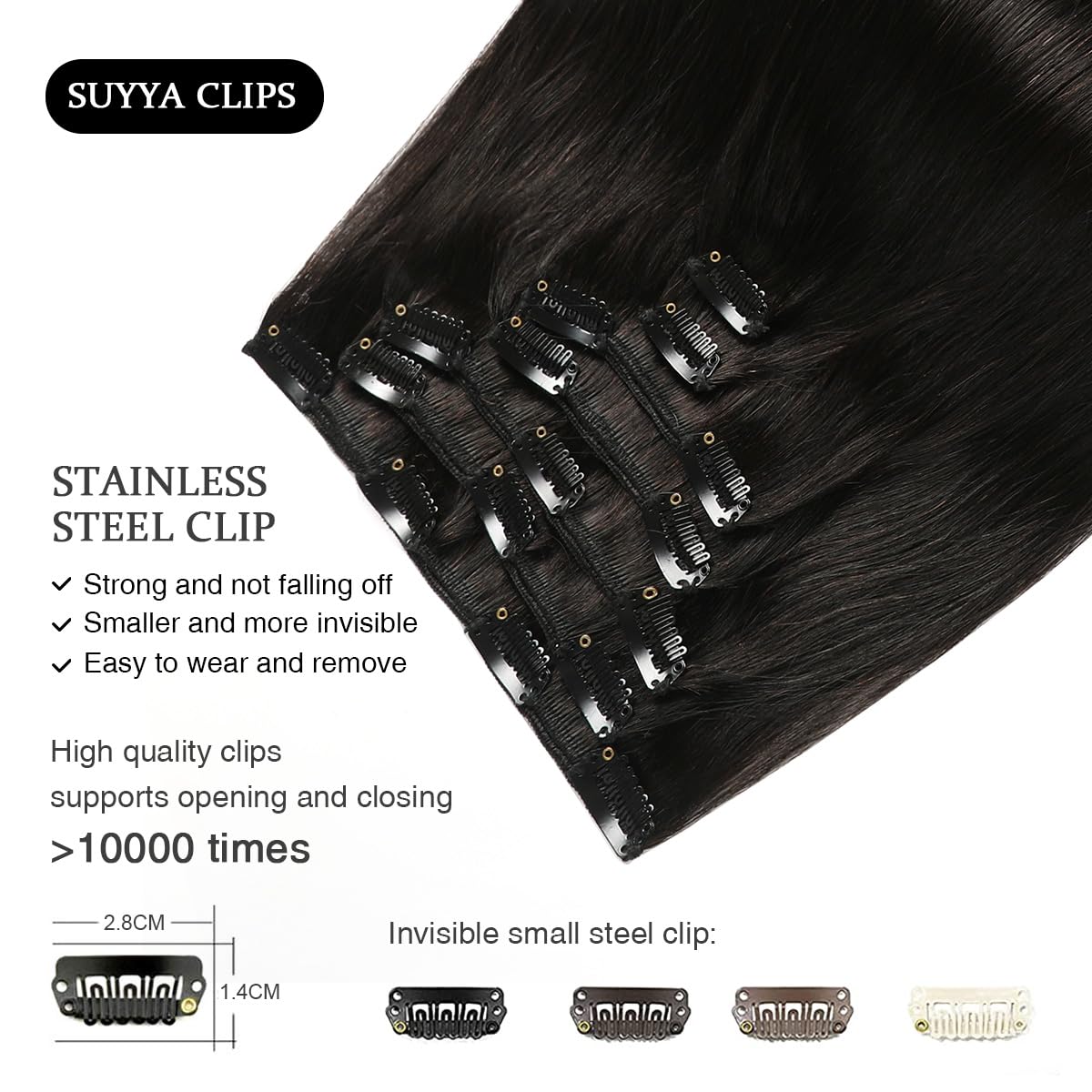 Real Human Hair Clip-In Extensions - 7 Pcs Straight Remy Hair - Double Weft 16 Inch #1B Off Black, 70G