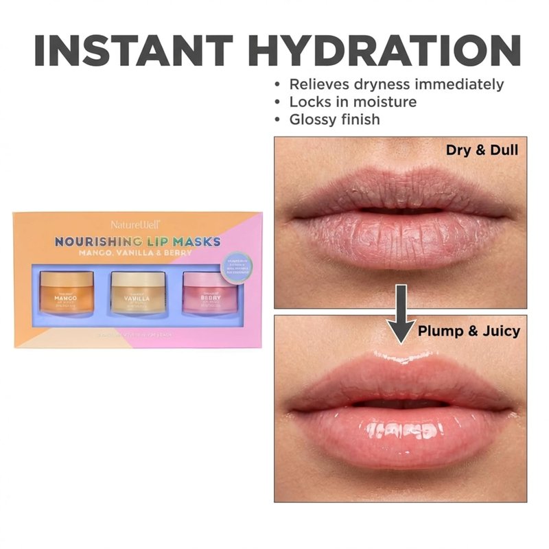 Hydrating Lip Masks Variety Pack - Mango, Vanilla & Berry Scents | Non-Greasy, Softening 0.70 oz (3 Pack)