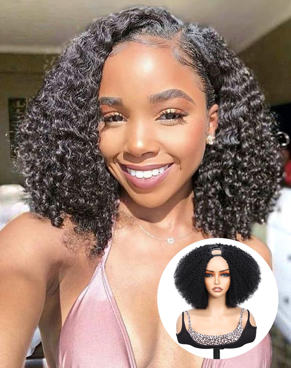 MPS Kinky Curly Human Hair Wigs for Black Women Afro Curly Human Hair 180% Density 12 Inch Full Head Clip in U Part Wigs Human Hair Pre Plucked U Shape Wigs (Natural Black)